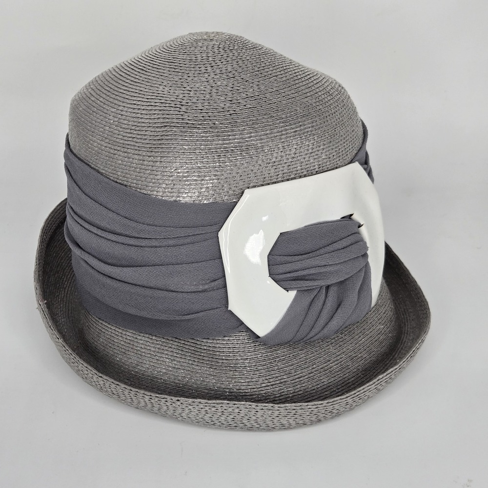 VTG Gwenn Pennington Hat Gray Straw Cloche‎ Bucket Buckle Mod 60s Exclusive EUC